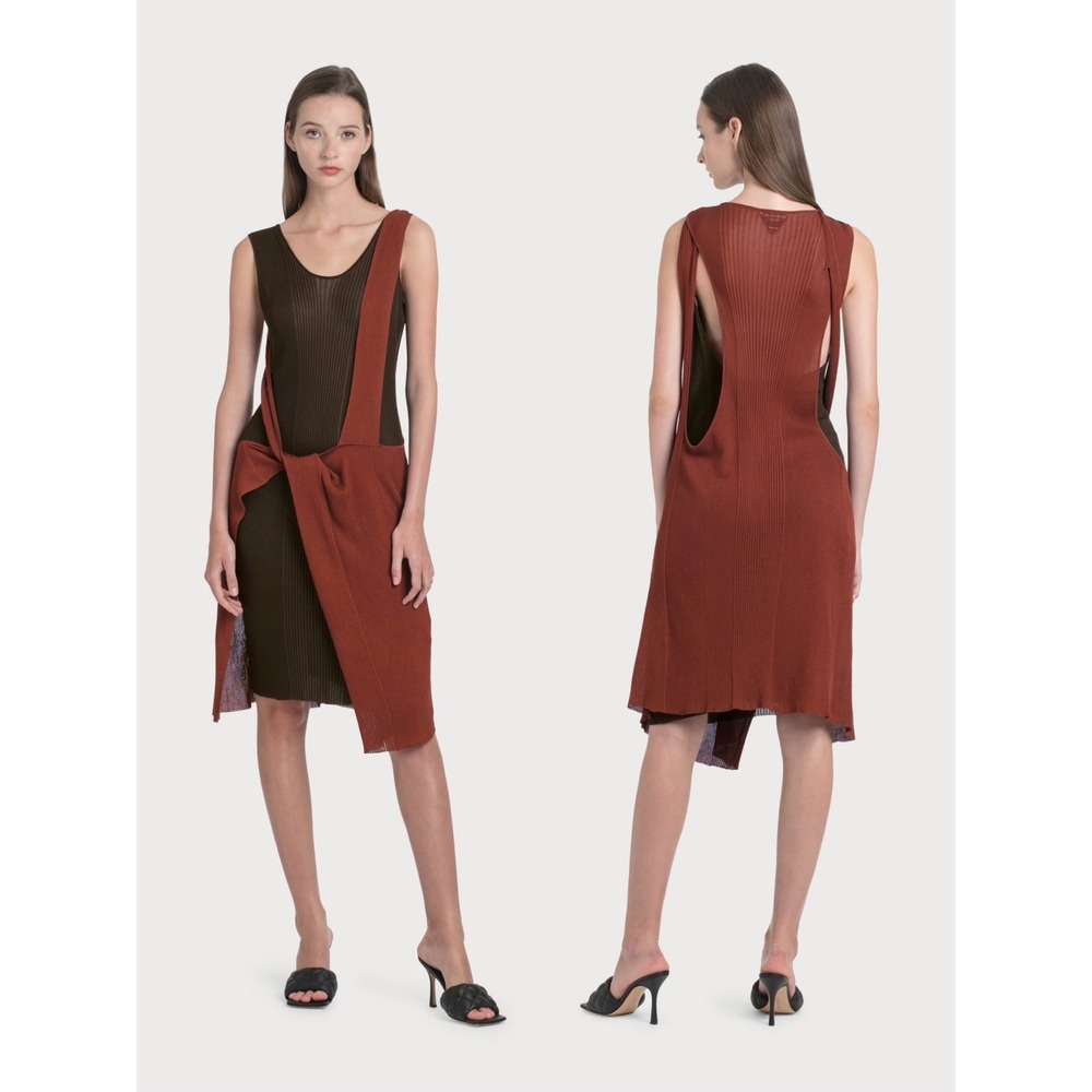 NWT Bottega Veneta‎ SS2020 Runway Layered Fine Knit Dress IT38 Brown Rust Silk